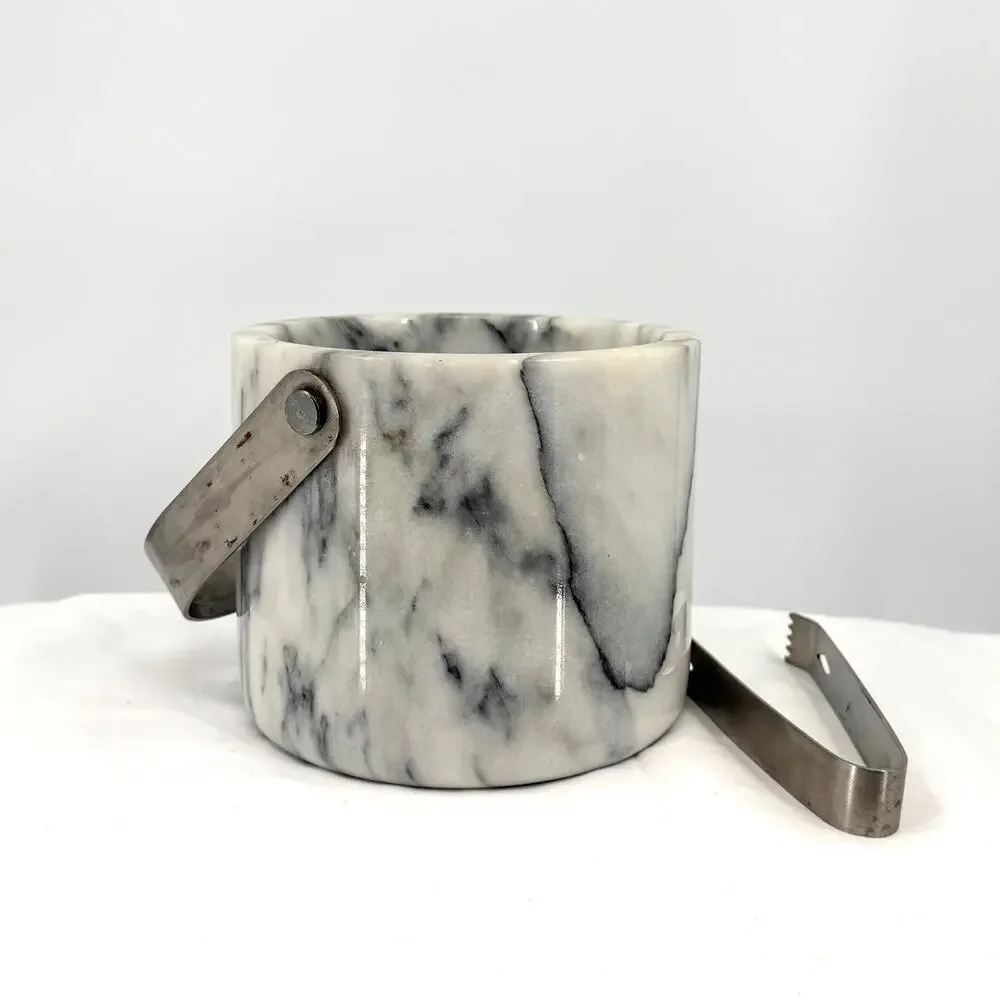 Vintage 70s White Grey Solid Marble Hollywood Regency Heavy Barware Ice Bucket